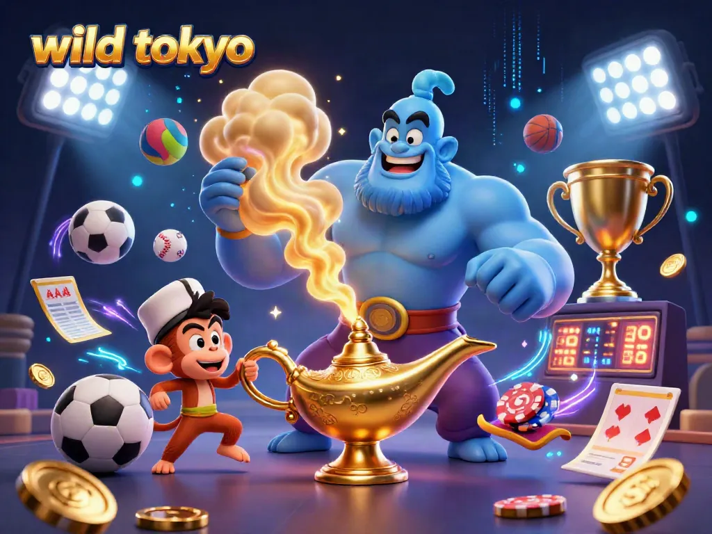 Experience the thrill of wild tokyo with a dynamic casino scene featuring a genie, monkey, and poker chips.