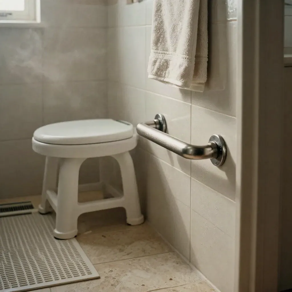 Bagno sicuro con barra di sostegno, sgabello da doccia, tappetino antiscivolo e asciugamano avorio.