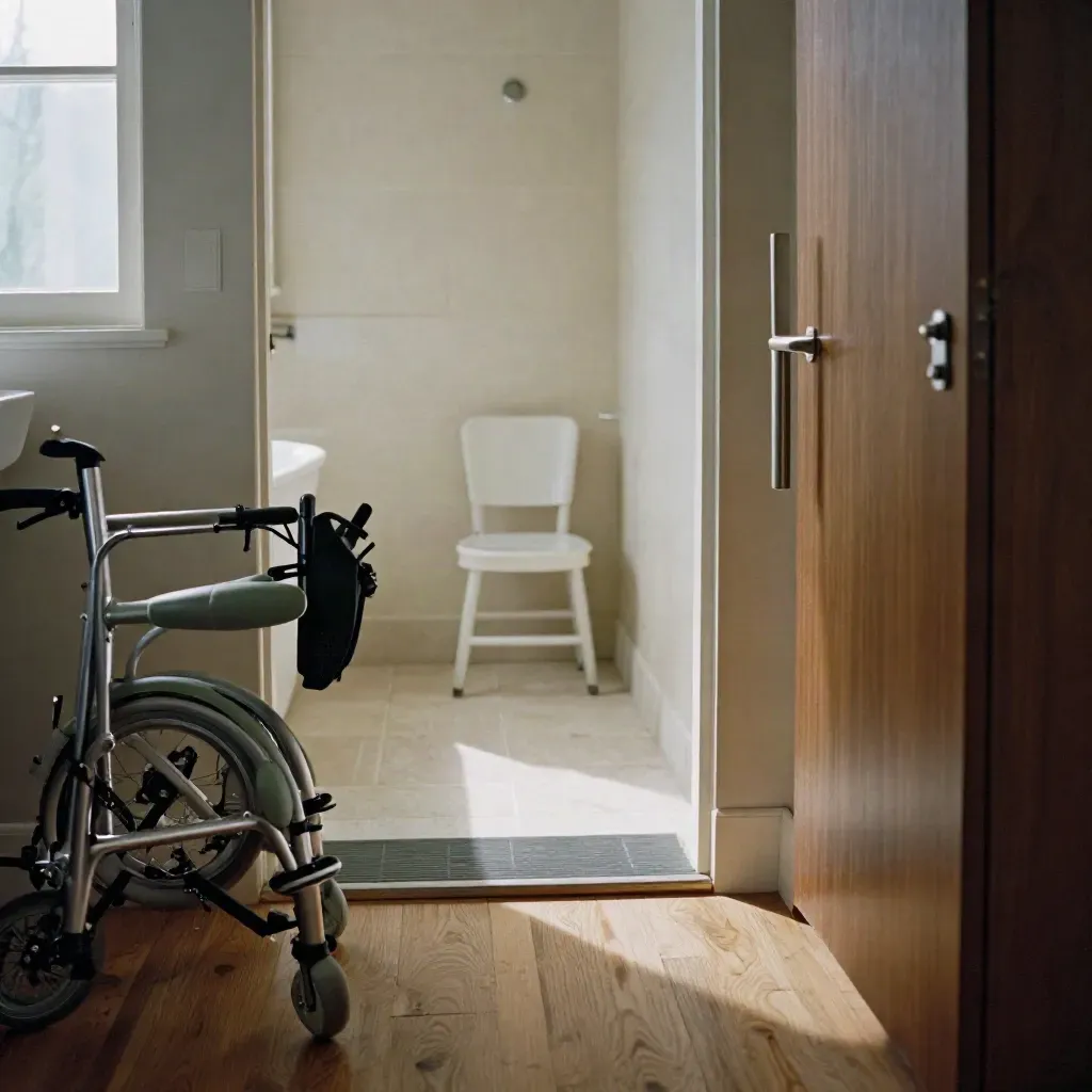 Corridoio di casa con deambulatore, maniglia a parete, sedia da doccia e soglia accessibile.