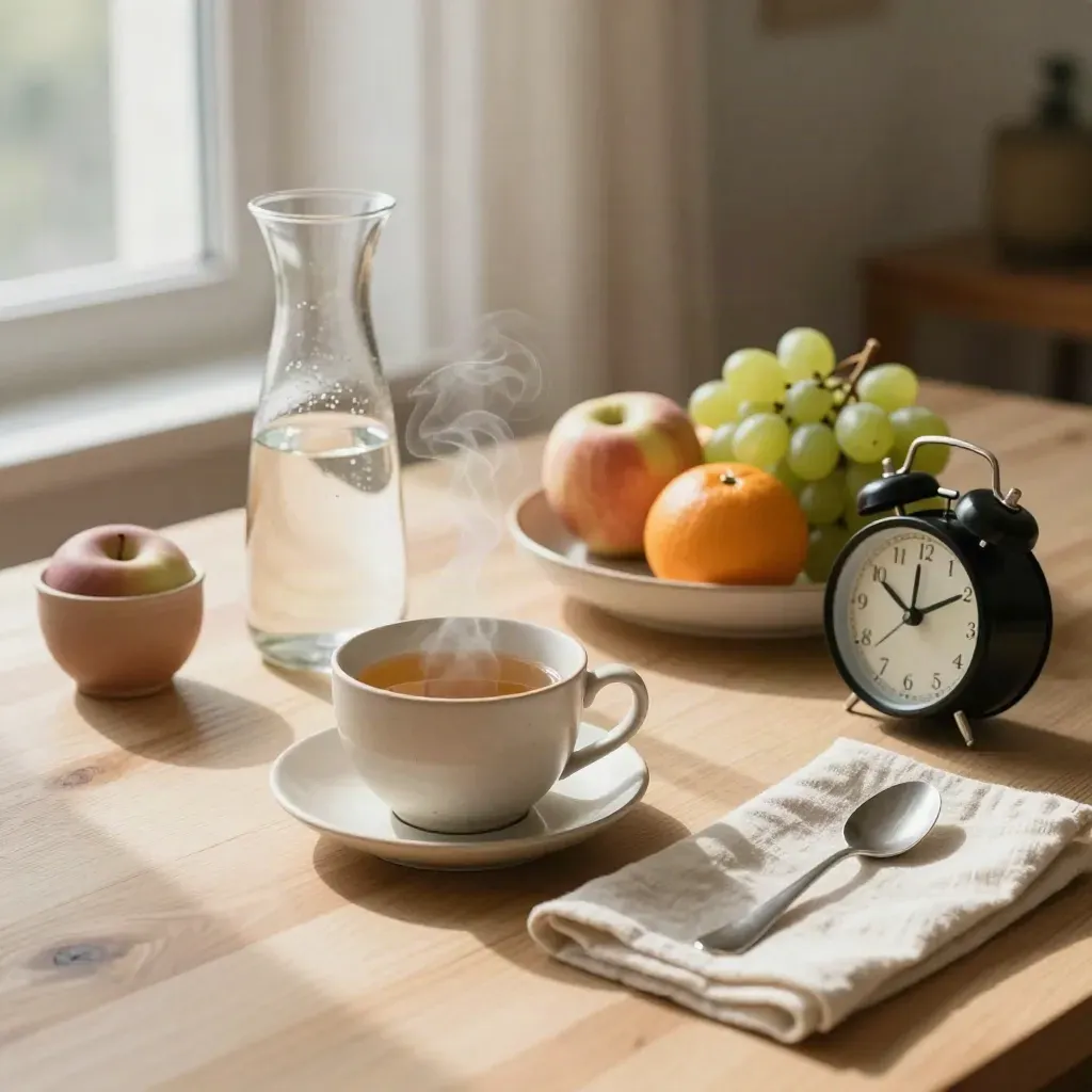 Tavolo della colazione con acqua, tisana, frutta e sveglia vicino alla finestra.