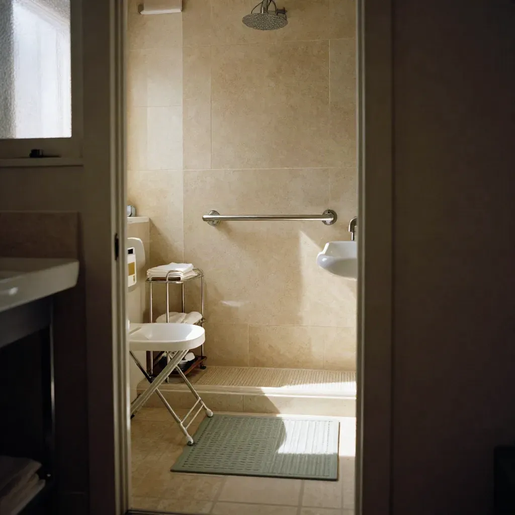 Bagno sicuro con maniglione, seduta pieghevole e tappeto antiscivolo visto dalla porta
