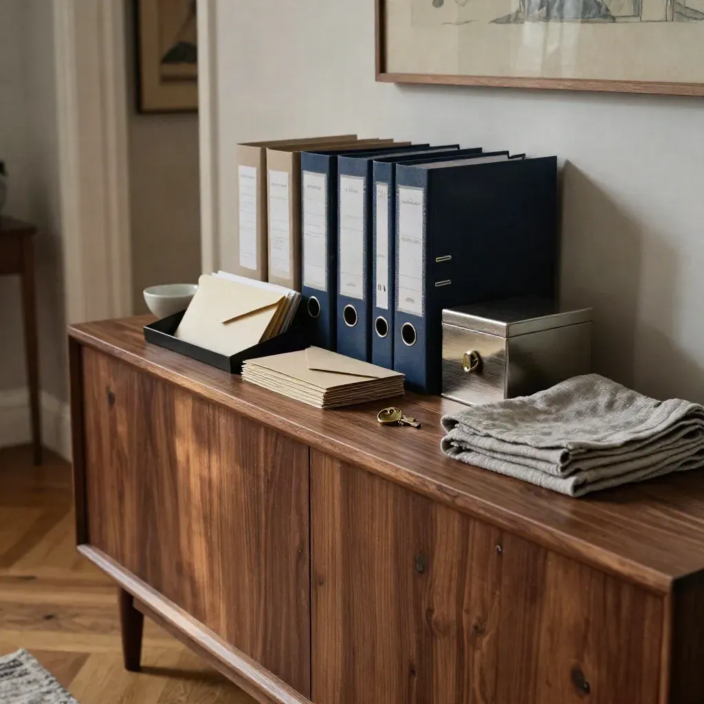 Madia ordinata con fascicoli chiusi, buste neutre e cassettina di sicurezza in un interno silenzioso.