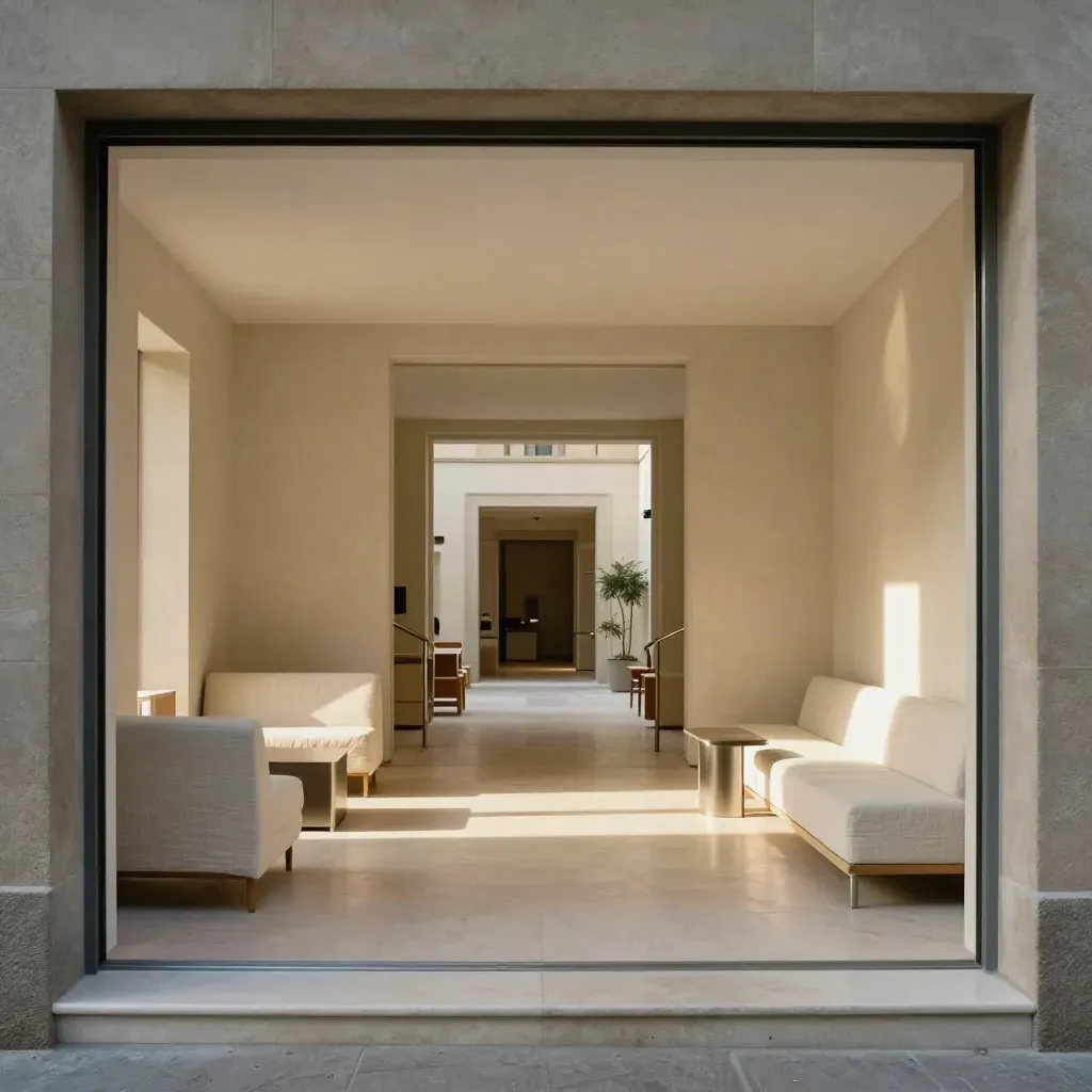 Ingresso luminoso di una RSA a Firenze con lounge, corridoio e cortile interno.
