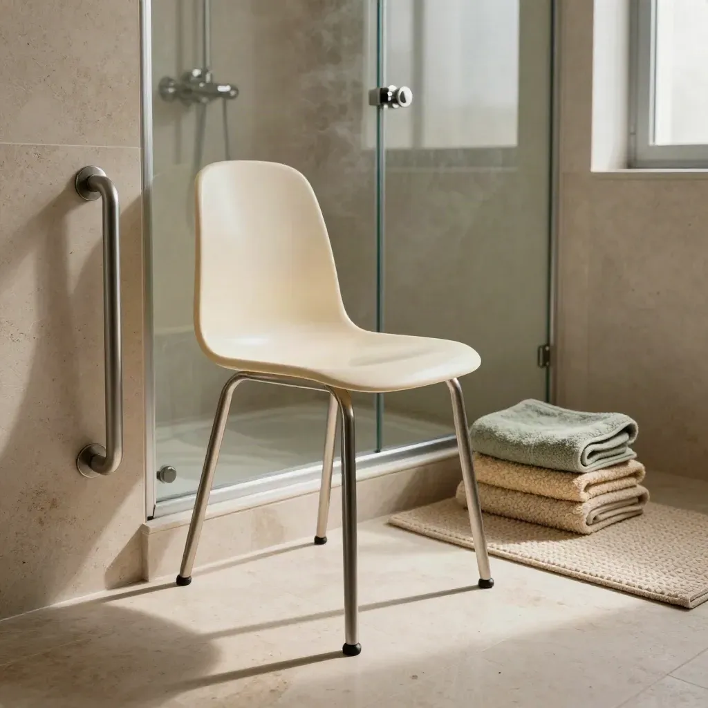 Bagno milanese con sedia da doccia, maniglioni, tappeto antiscivolo e asciugamani ordinati.