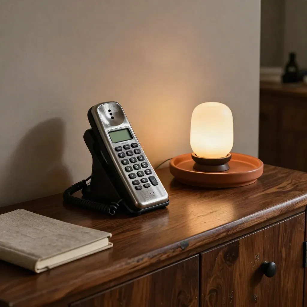 Telefono cordless, lampada e portachiavi su consolle di legno, atmosfera serale raccolta