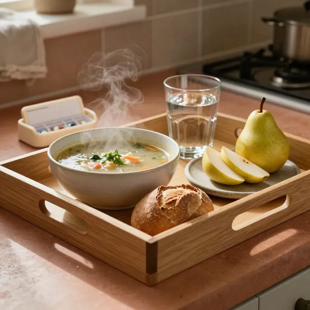 Vassoio con zuppa, pane, pera, acqua e porta-pillole su cucina rustica