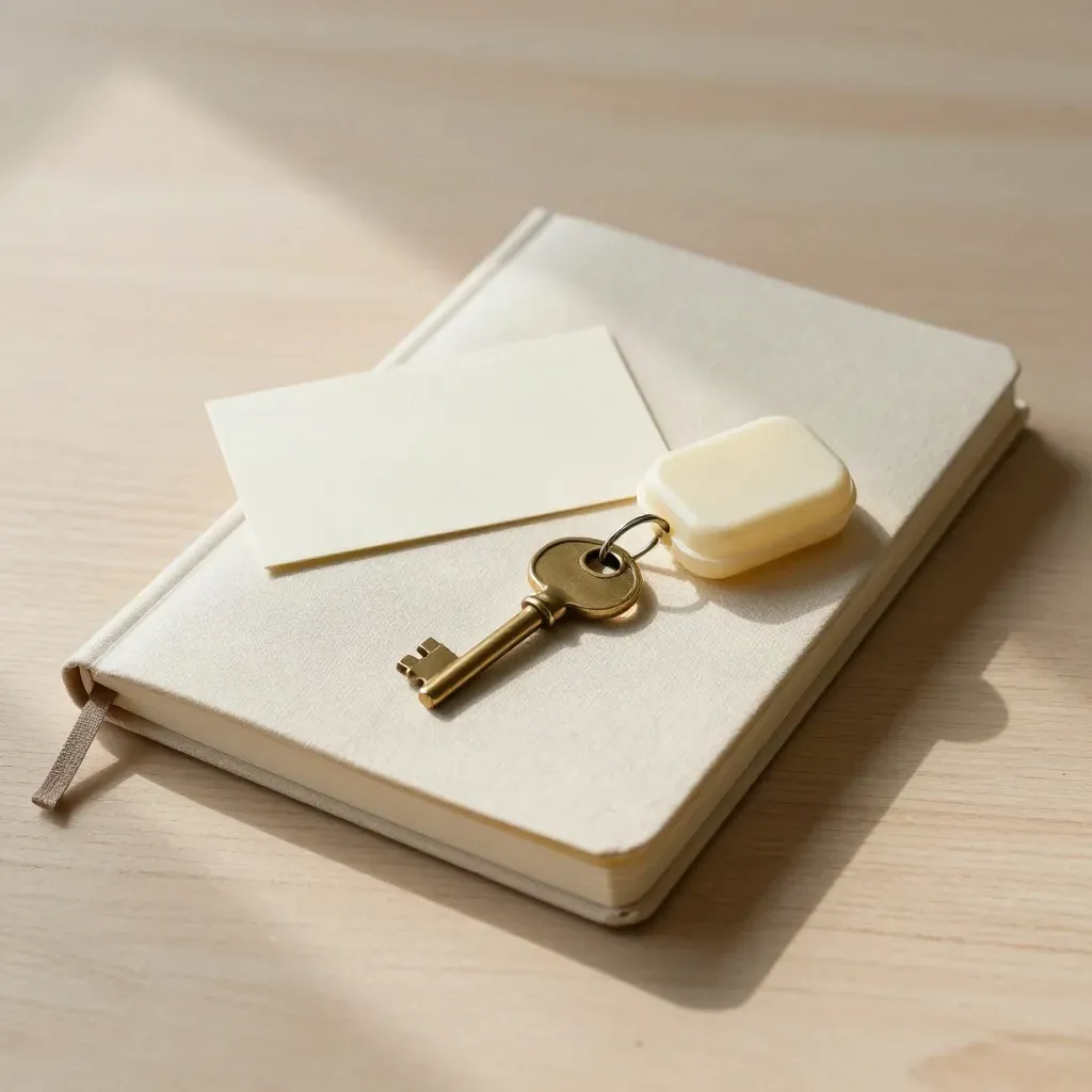 Quaderno chiuso, chiavi di casa e portapillole su legno chiaro con schede bianche