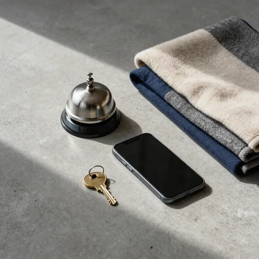 Flatlay dall'alto con campanello tascabile, chiave di scorta, supporto telefono e coperta di lana.