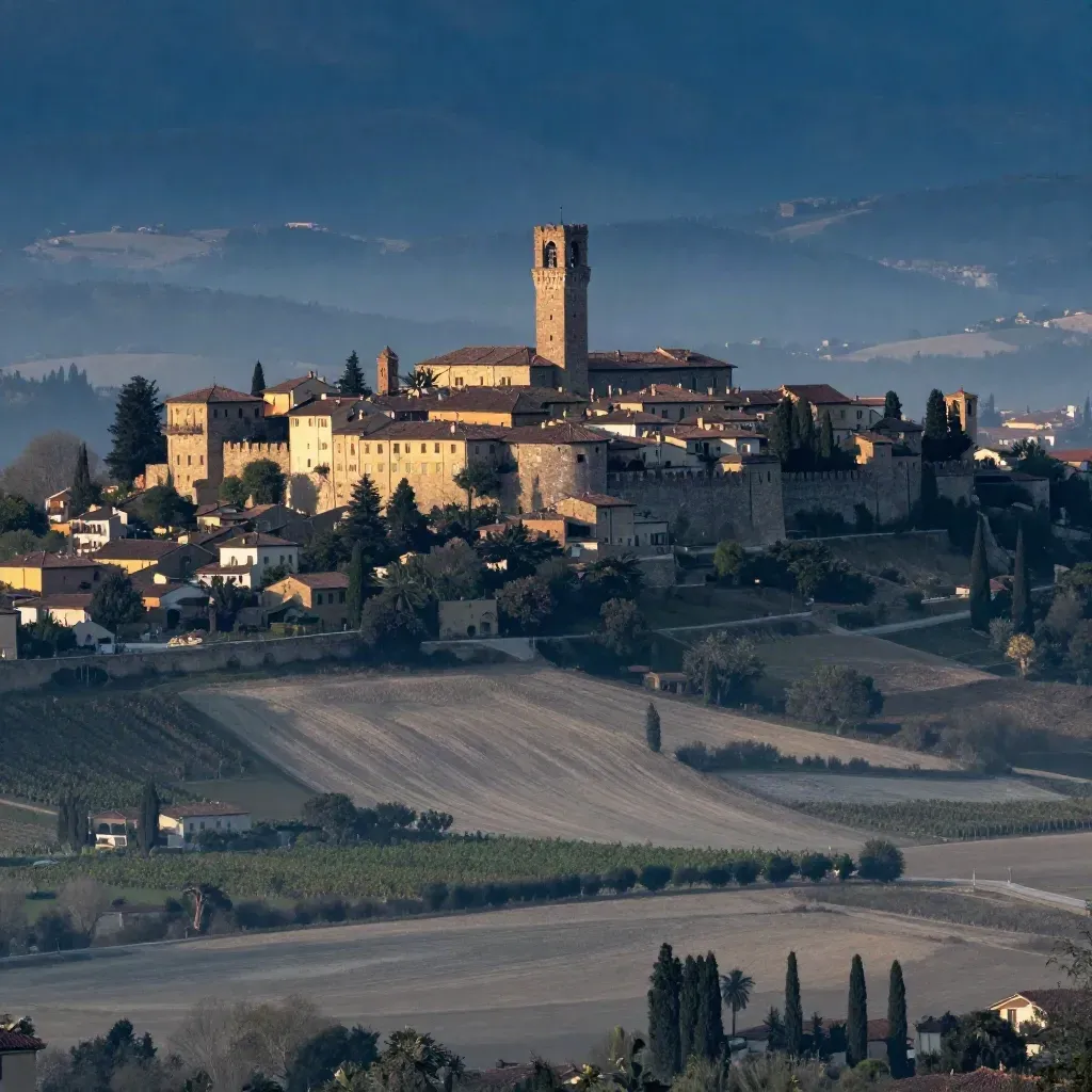 Bergamo Alta in collina sopra la pianura lombarda al tramonto, con nebbia lieve e case in pietra.