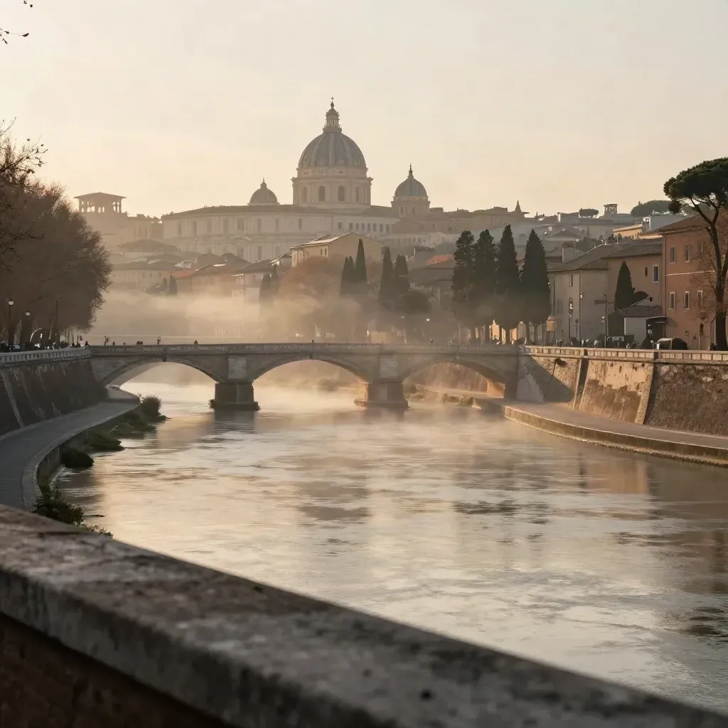 Veduta di Roma all’alba con il Gianicolo, il Tevere e le cupole nella foschia dorata.