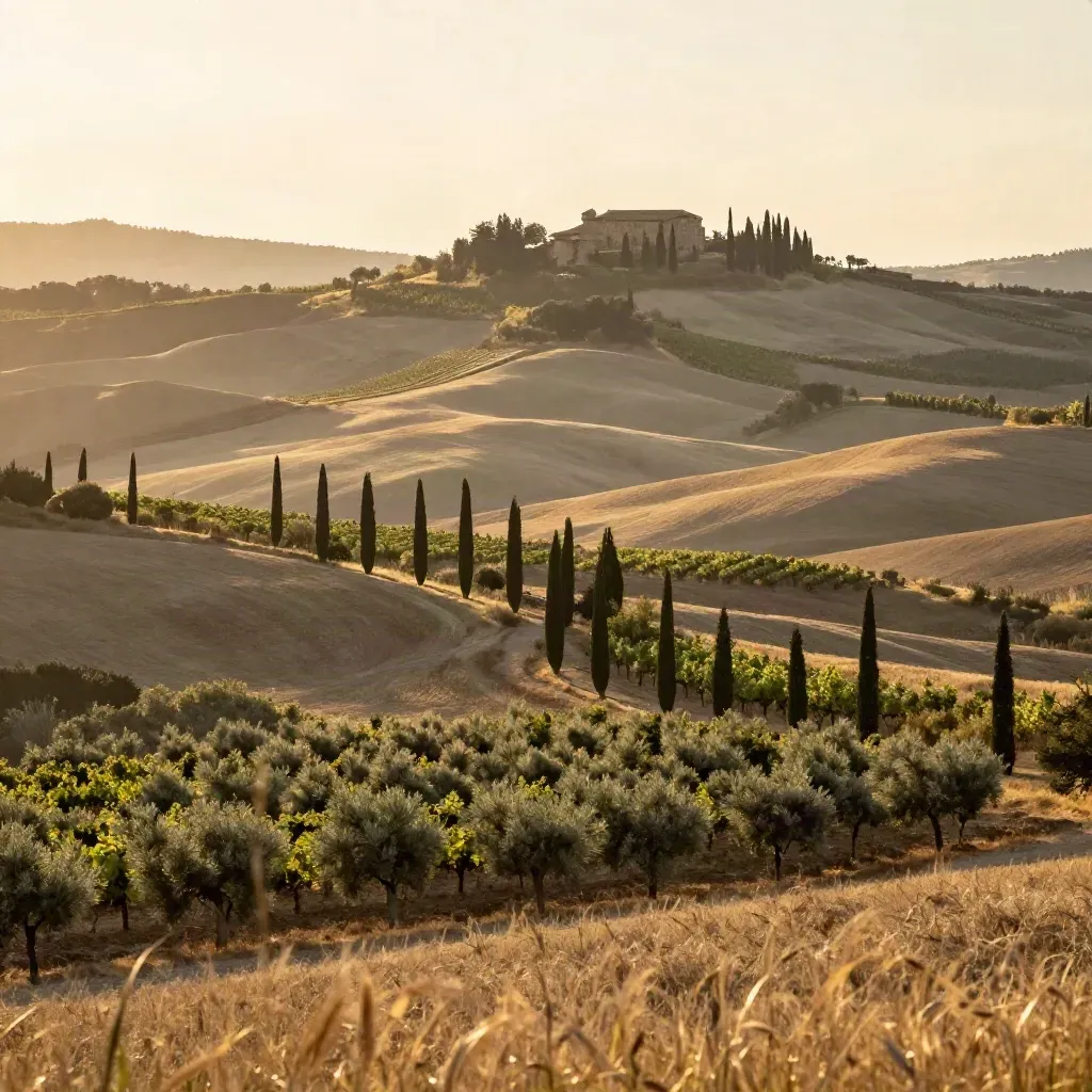 Colline del Chianti al tramonto con cipressi, casale lontano e campi dorati per la copertina.