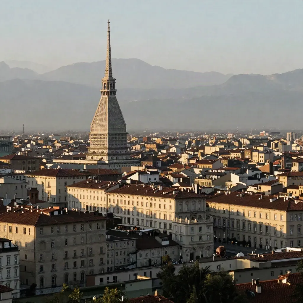 Torino al tramonto con la Mole sopra i tetti e la pianura velata sullo sfondo