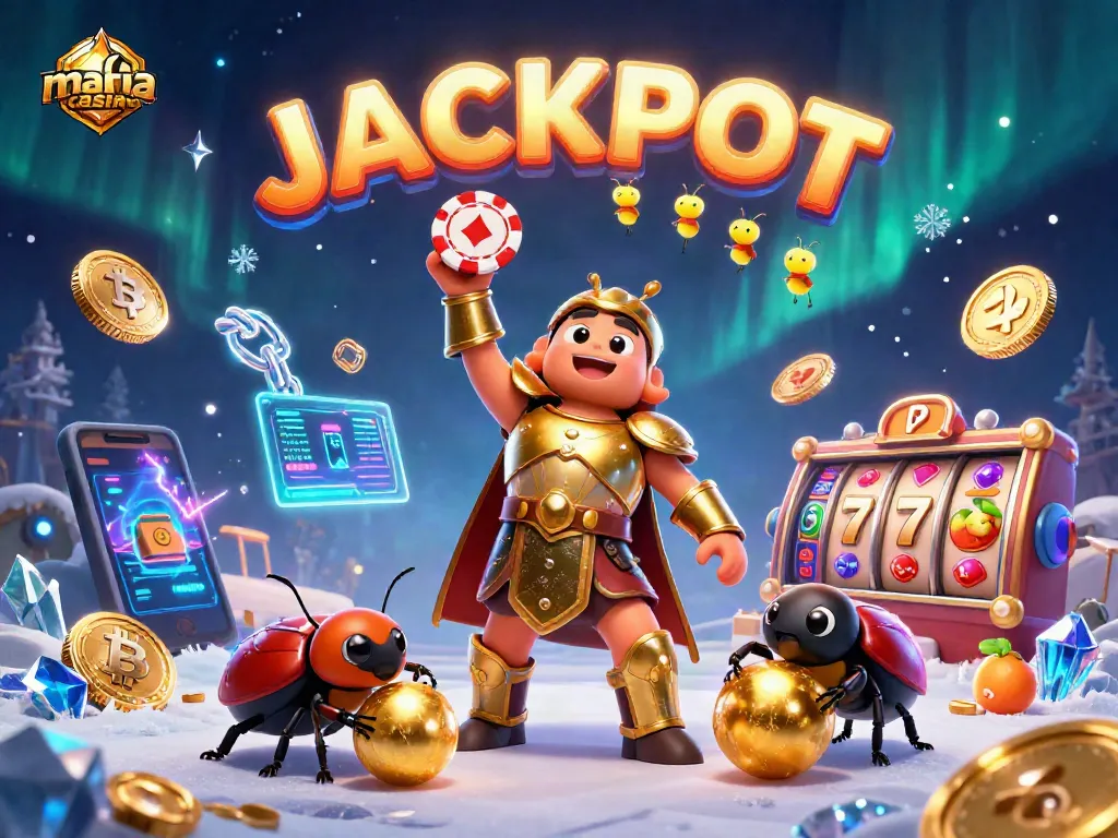 Engage in the mafia casino, with cartoon beetles celebrating jackpots amid vibrant slots and crypto elements.